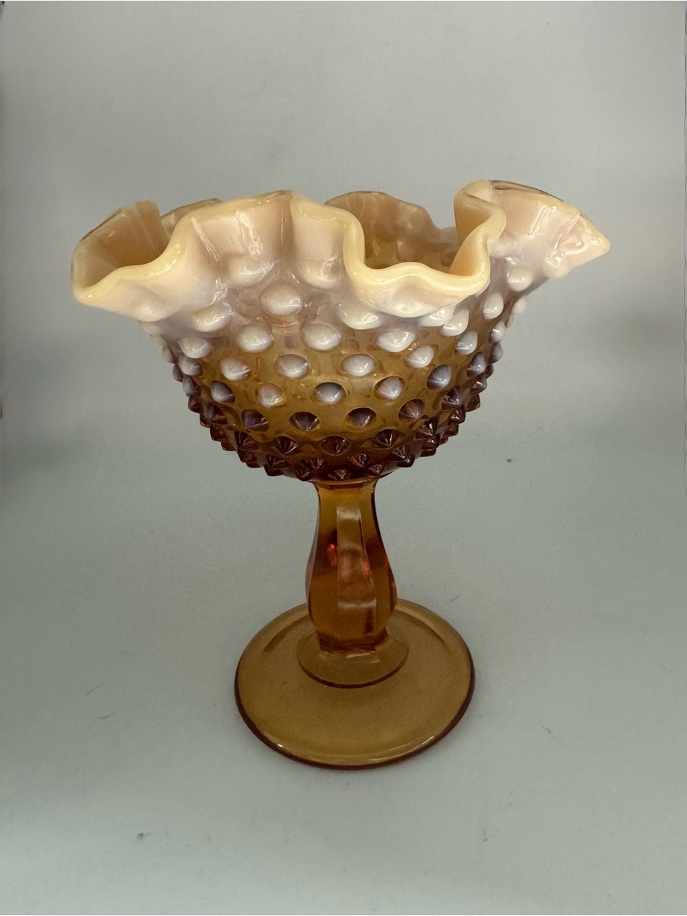 Fenton Cameo Opalescent Hobnail Ruffled Compote (root-beer like color)
